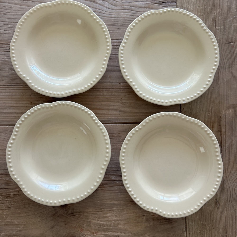 Lot Of 3 Pottery Barn Emma Beaded Stoneware 8 3/4" Plates Scalloped Rim Yellow